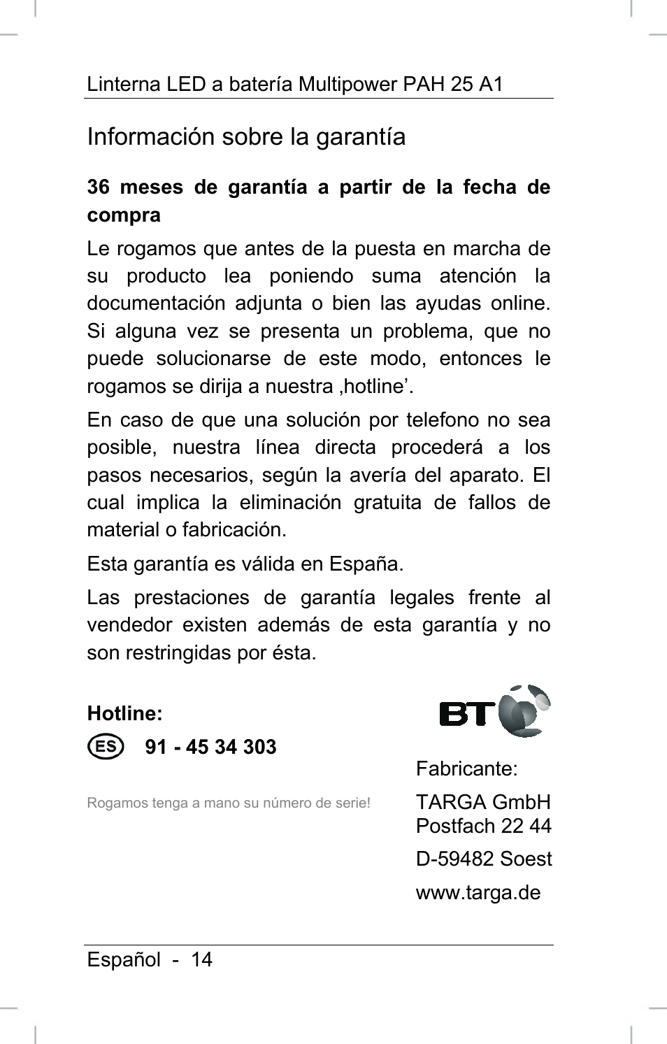 Información sobre la garantía | Powerfix PAH 25 A1 User Manual | Page 16 / 72