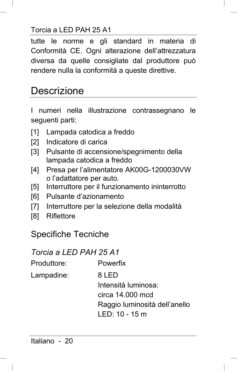 Descrizione, Specifiche tecniche | Powerfix PAH 25 A1 User Manual | Page 22 / 72
