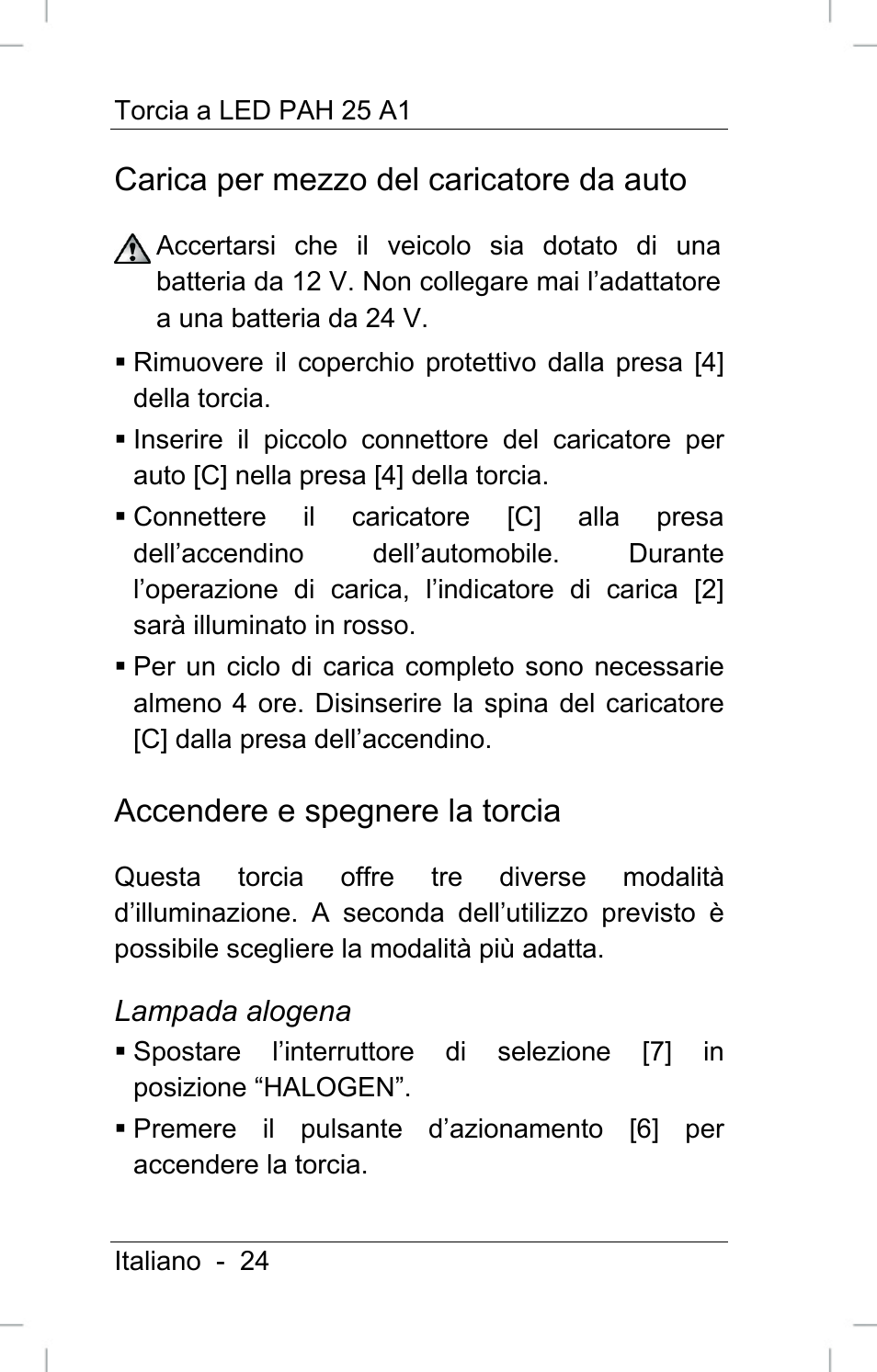 Carica per mezzo del caricatore da auto, Accendere e spegnere la torcia | Powerfix PAH 25 A1 User Manual | Page 26 / 72