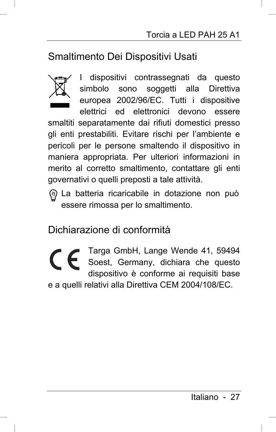 Smaltimento dei dispositivi usati, Dichiarazione di conformità | Powerfix PAH 25 A1 User Manual | Page 29 / 72