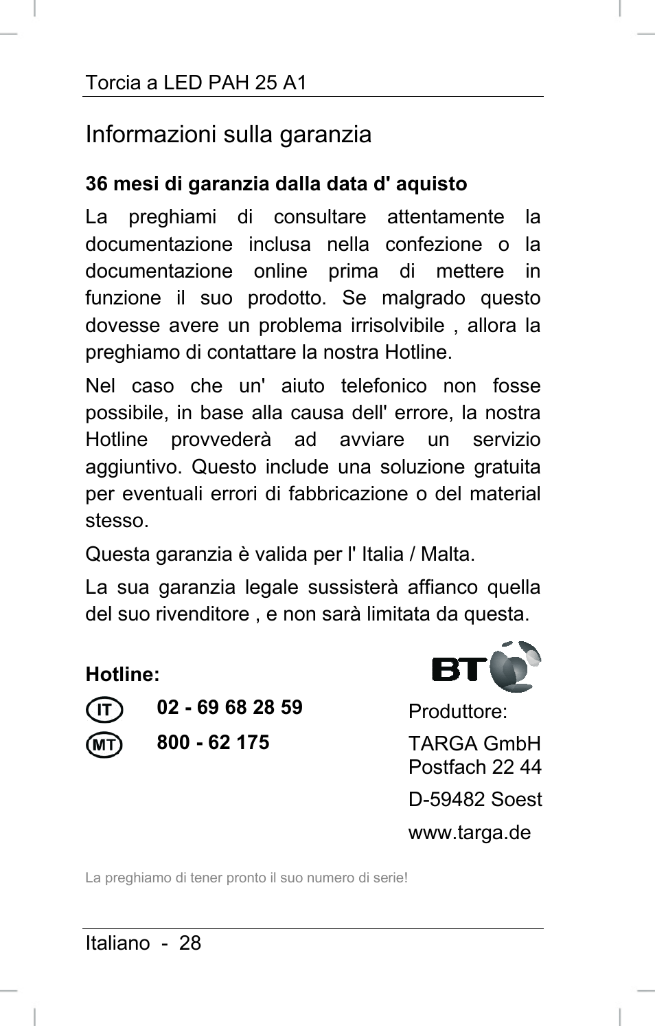 Informazioni sulla garanzia | Powerfix PAH 25 A1 User Manual | Page 30 / 72