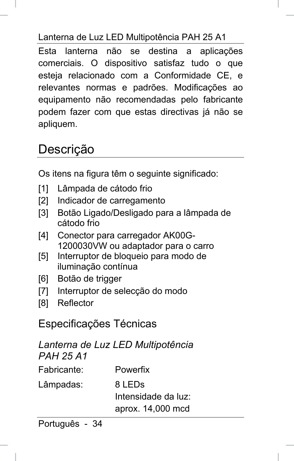 Descrição, Especificações técnicas | Powerfix PAH 25 A1 User Manual | Page 36 / 72