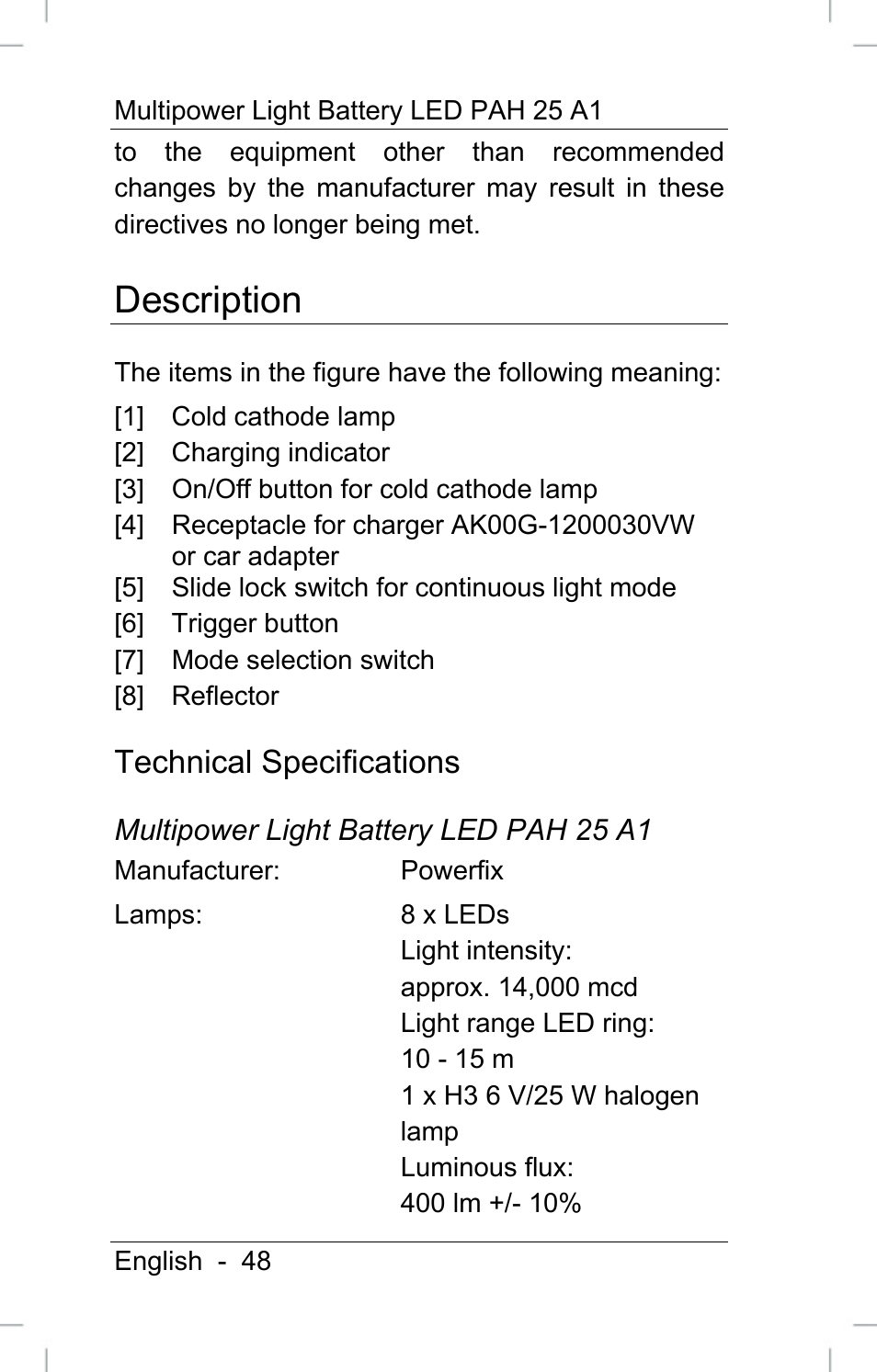 Description, Technical specifications | Powerfix PAH 25 A1 User Manual | Page 50 / 72