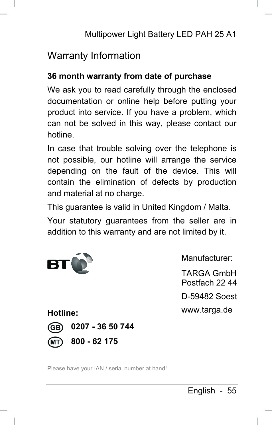 Warranty information | Powerfix PAH 25 A1 User Manual | Page 57 / 72