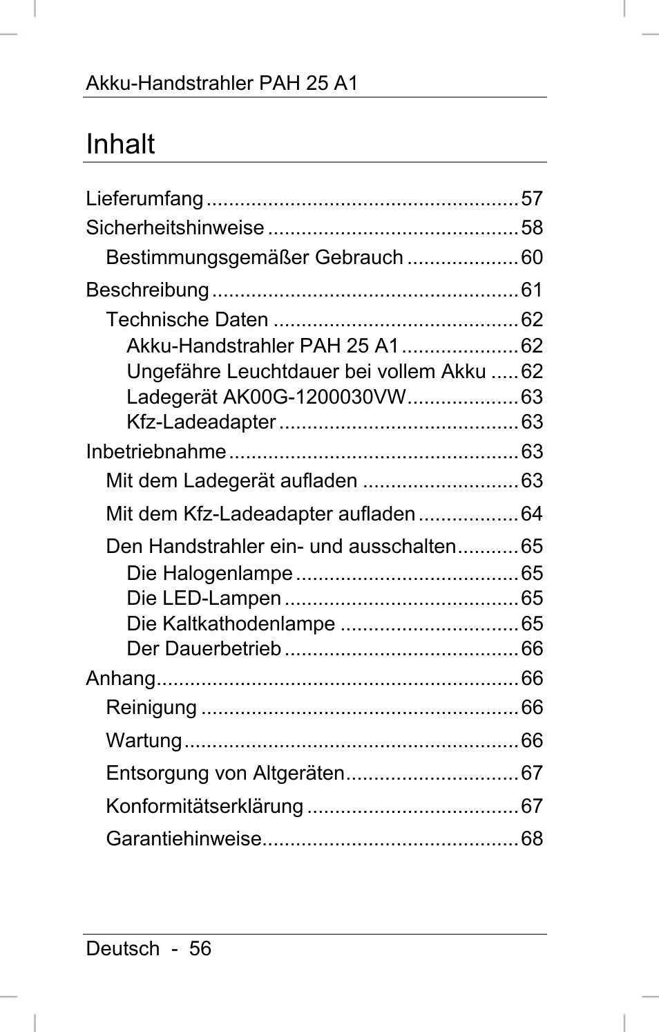 Inhalt | Powerfix PAH 25 A1 User Manual | Page 58 / 72