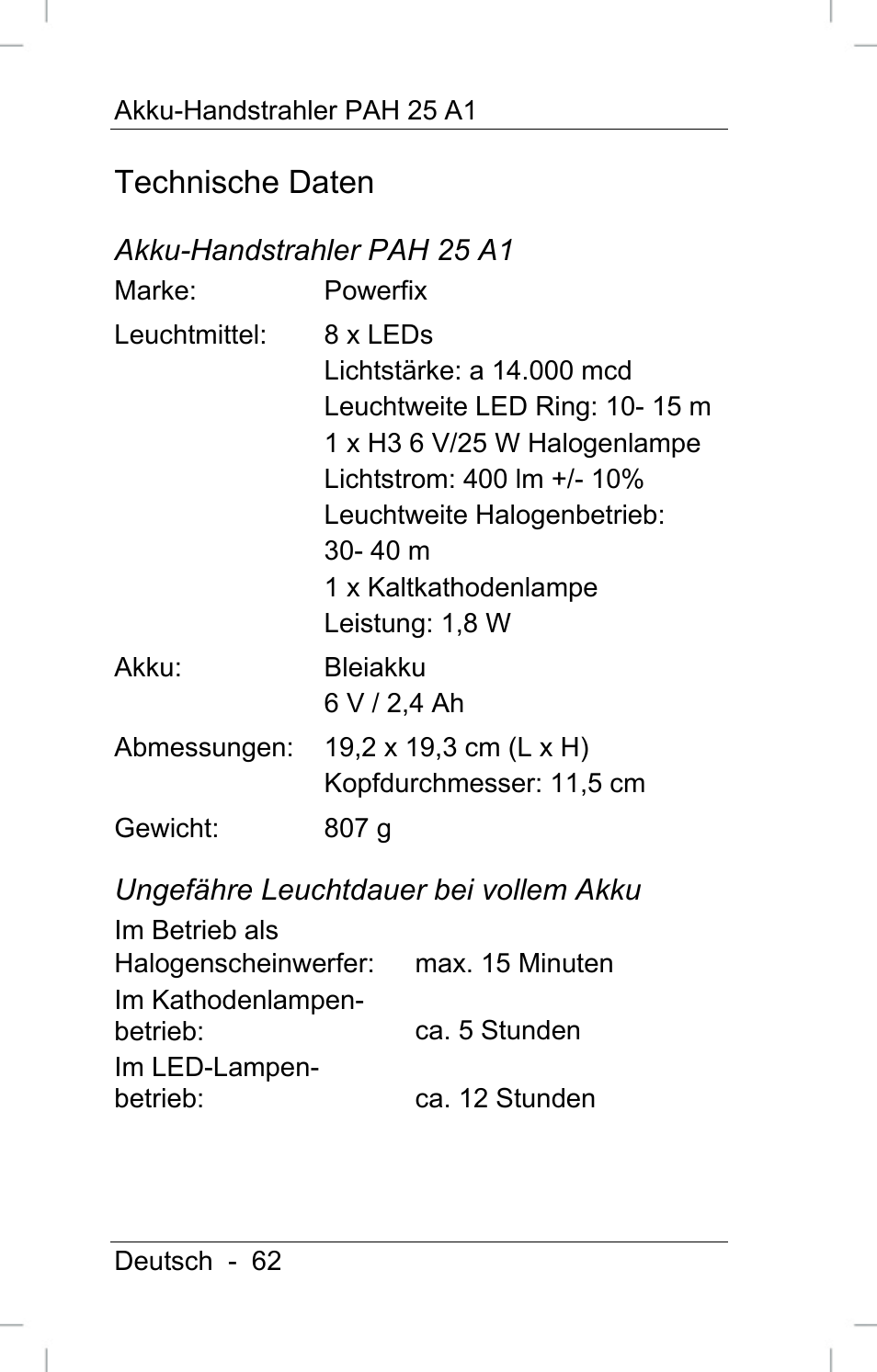Technische daten | Powerfix PAH 25 A1 User Manual | Page 64 / 72