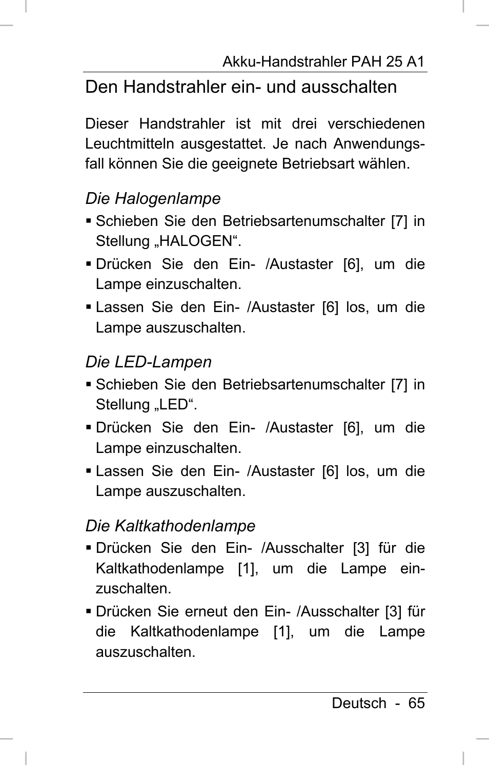 Den handstrahler ein- und ausschalten | Powerfix PAH 25 A1 User Manual | Page 67 / 72
