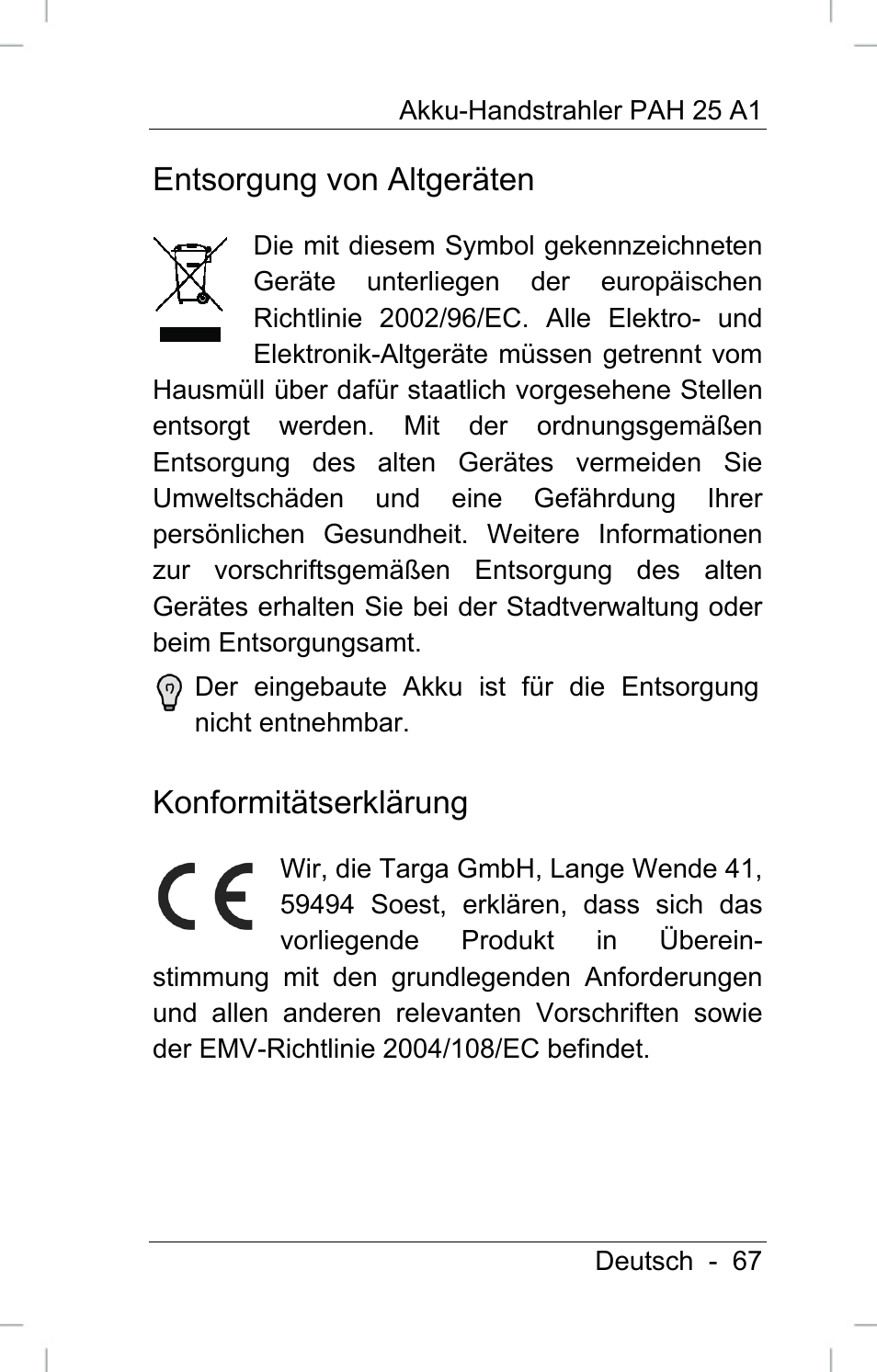 Entsorgung von altgeräten, Konformitätserklärung | Powerfix PAH 25 A1 User Manual | Page 69 / 72
