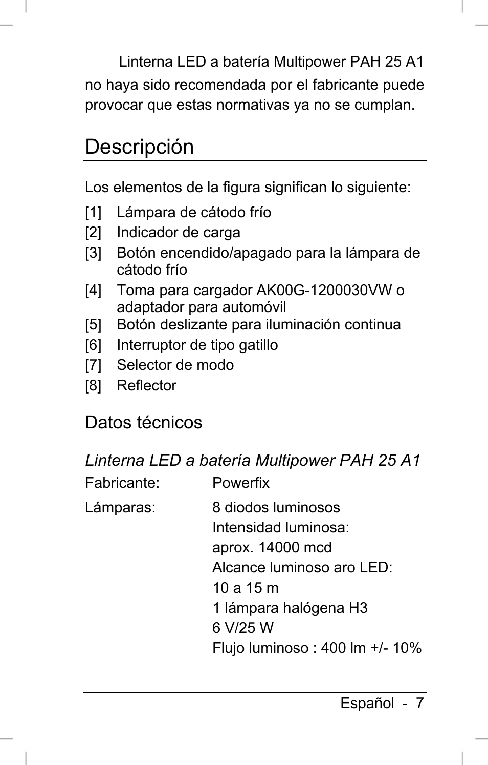 Descripción, Datos técnicos | Powerfix PAH 25 A1 User Manual | Page 9 / 72