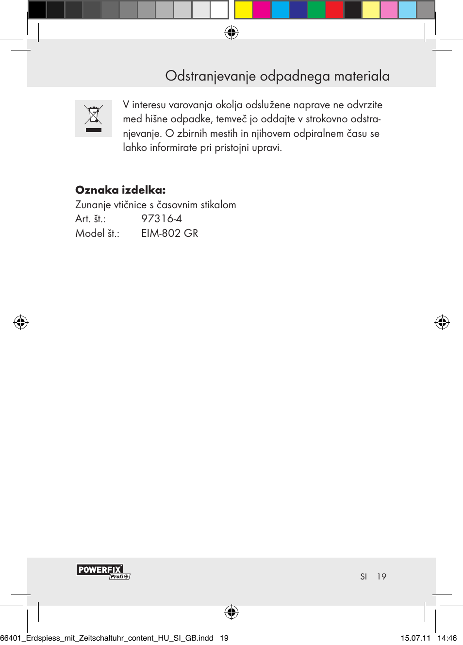 Odstranjevanje odpadnega materiala | Powerfix EIM-802 GR User Manual | Page 17 / 28