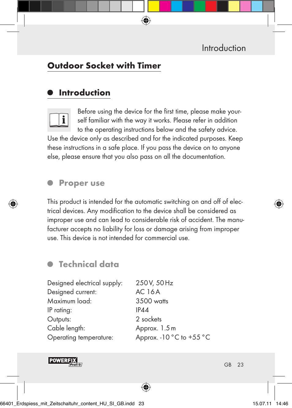 Introduction, Outdoor socket with timer introduction, Proper use | Technical data | Powerfix EIM-802 GR User Manual | Page 21 / 28