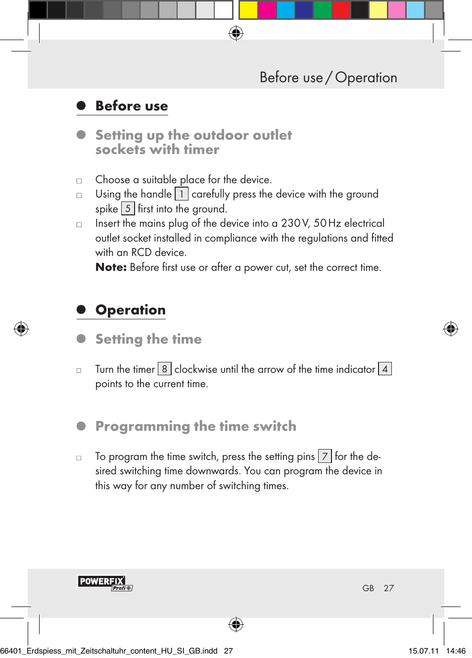 Before use / operation, Operation setting the time, Programming the time switch | Powerfix EIM-802 GR User Manual | Page 25 / 28