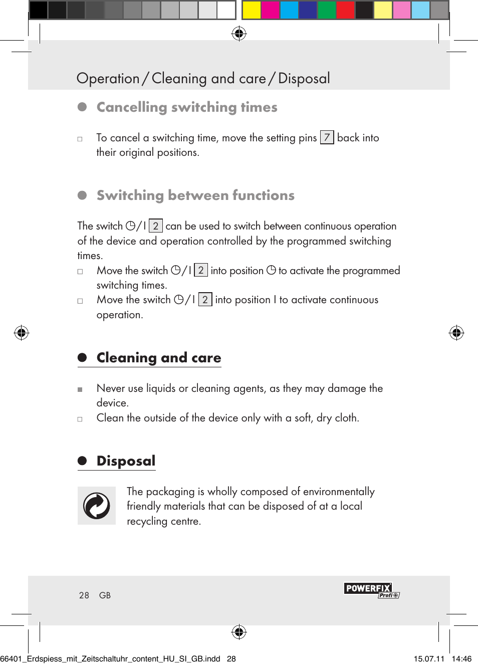 Operation / cleaning and care / disposal, Cancelling switching times, Switching between functions | Cleaning and care, Disposal | Powerfix EIM-802 GR User Manual | Page 26 / 28