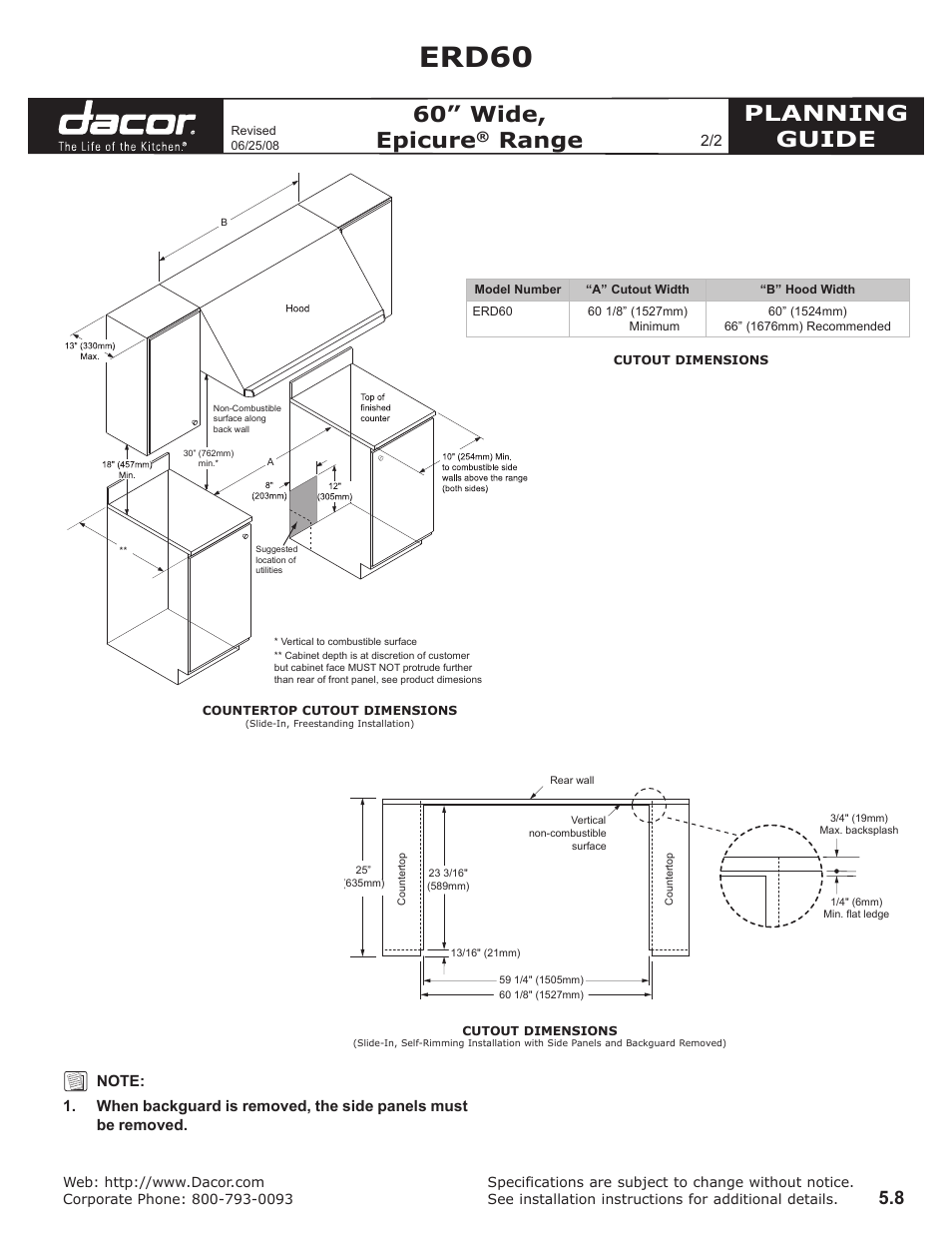 Erd60, Planning guide, 60” wide, epicure | Range | Dacor AESP03 User Manual | Page 2 / 2