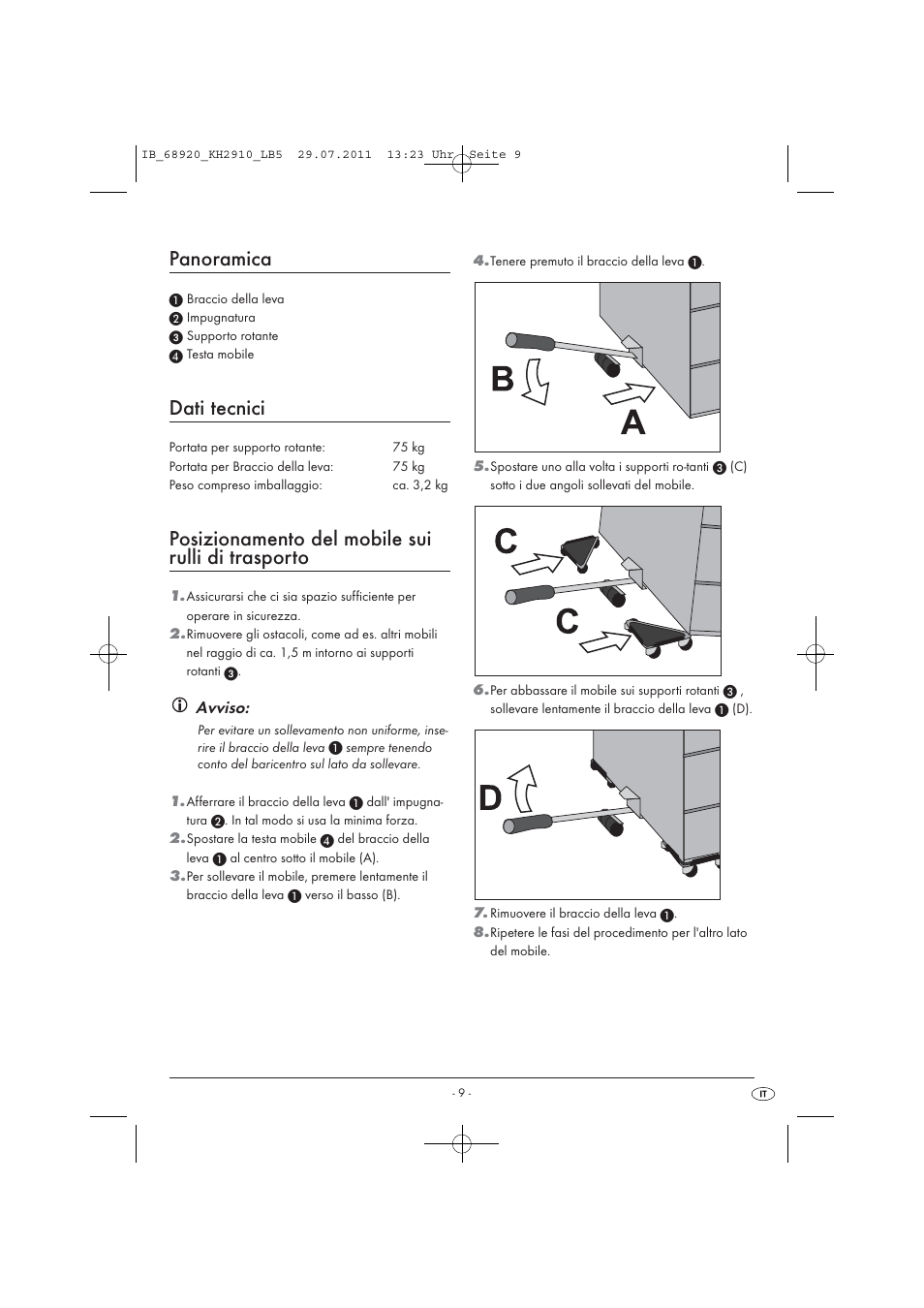 Dc c a b, Panoramica, Dati tecnici | Posizionamento del mobile sui rulli di trasporto | Powerfix KH 2910 User Manual | Page 11 / 32