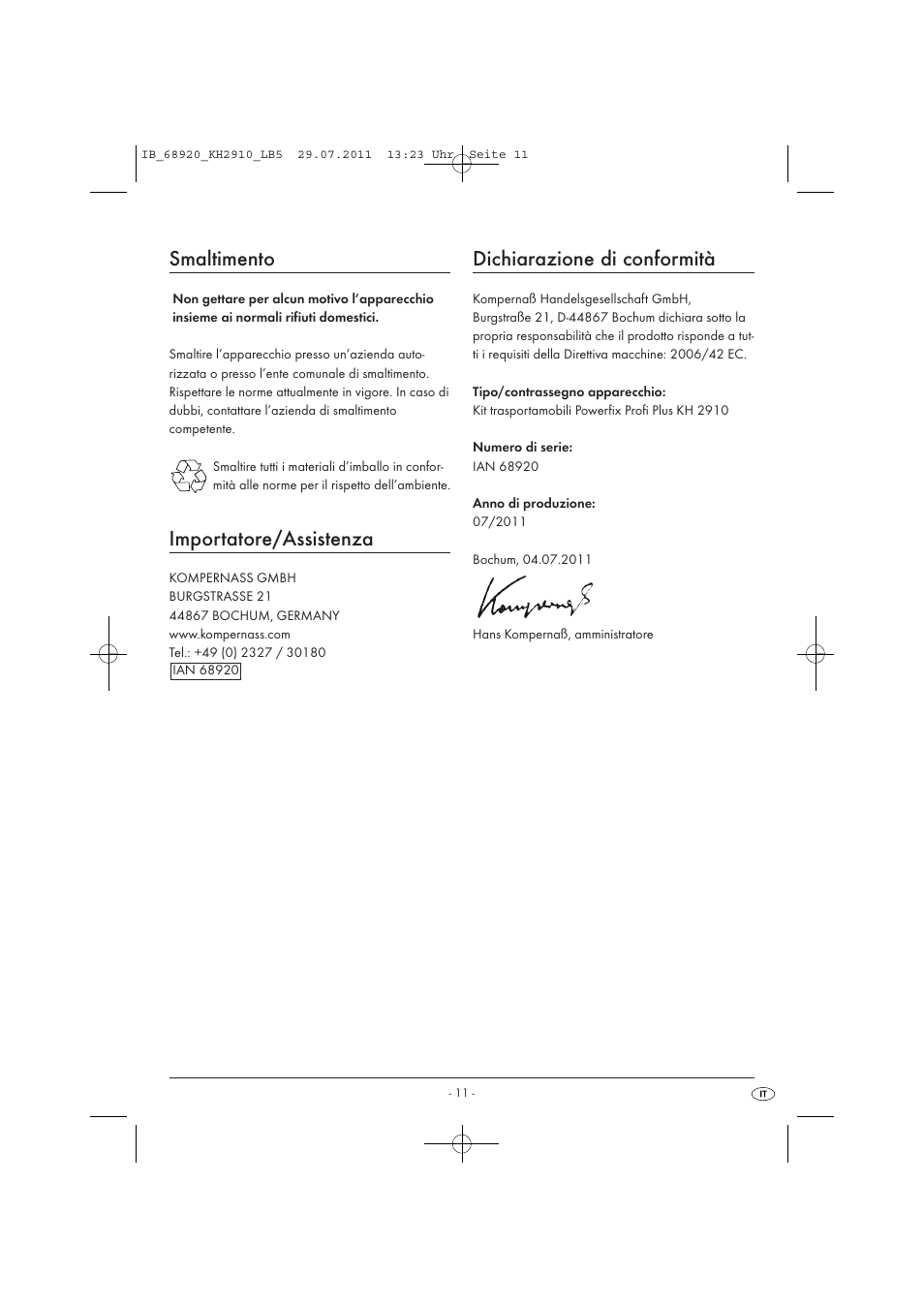Smaltimento, Importatore/assistenza, Dichiarazione di conformità | Powerfix KH 2910 User Manual | Page 13 / 32