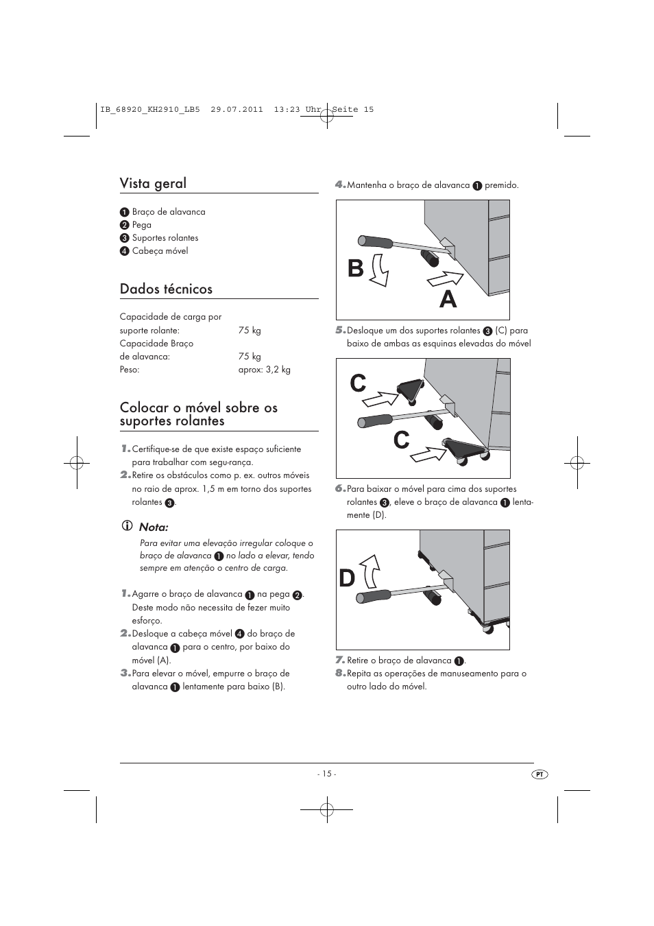 Dc c a b, Vista geral, Dados técnicos | Colocar o móvel sobre os suportes rolantes | Powerfix KH 2910 User Manual | Page 17 / 32