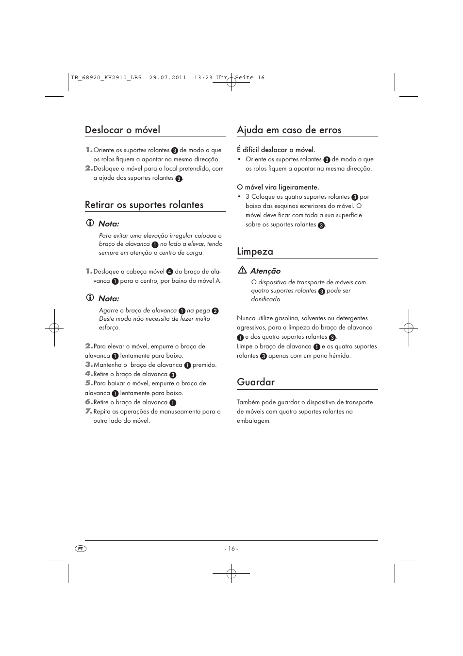 Deslocar o móvel, Retirar os suportes rolantes, Ajuda em caso de erros | Limpeza, Guardar, Nota, Atenção | Powerfix KH 2910 User Manual | Page 18 / 32