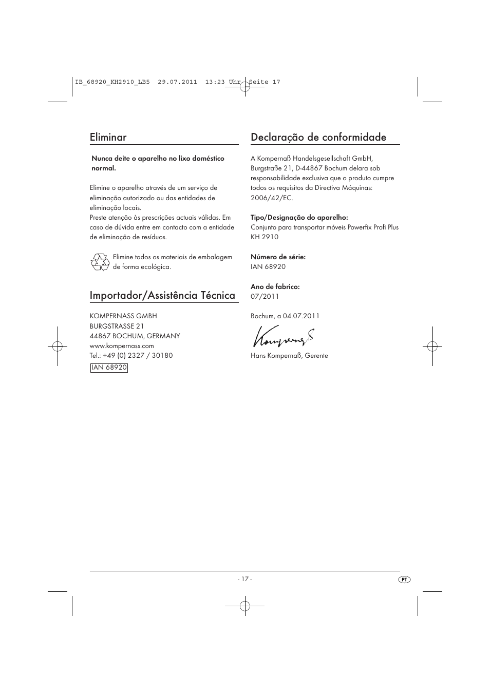 Eliminar, Importador/assistência técnica, Declaração de conformidade | Powerfix KH 2910 User Manual | Page 19 / 32