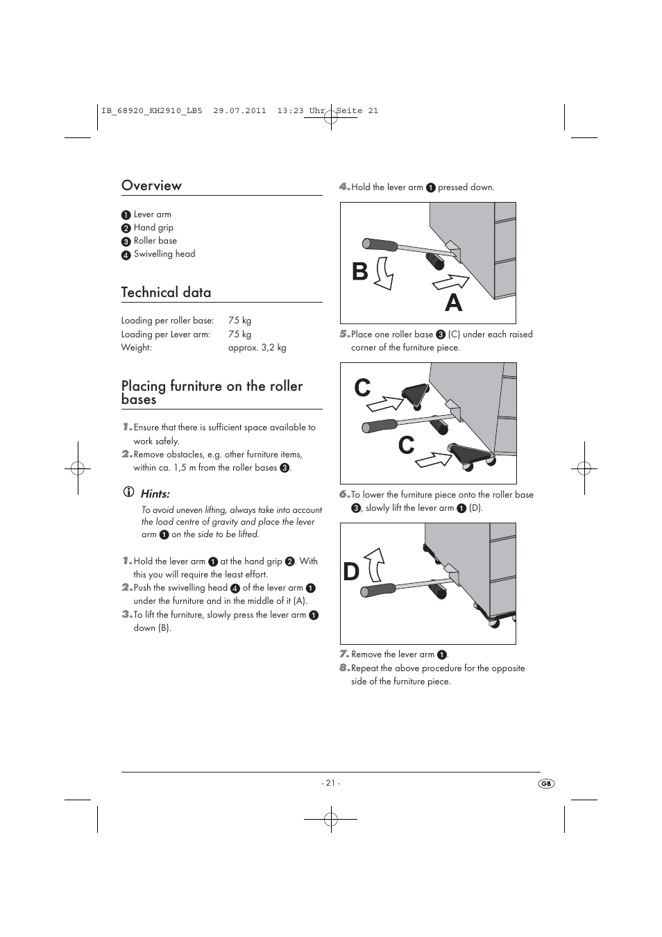 Dc c a b, Overview, Technical data | Placing furniture on the roller bases | Powerfix KH 2910 User Manual | Page 23 / 32