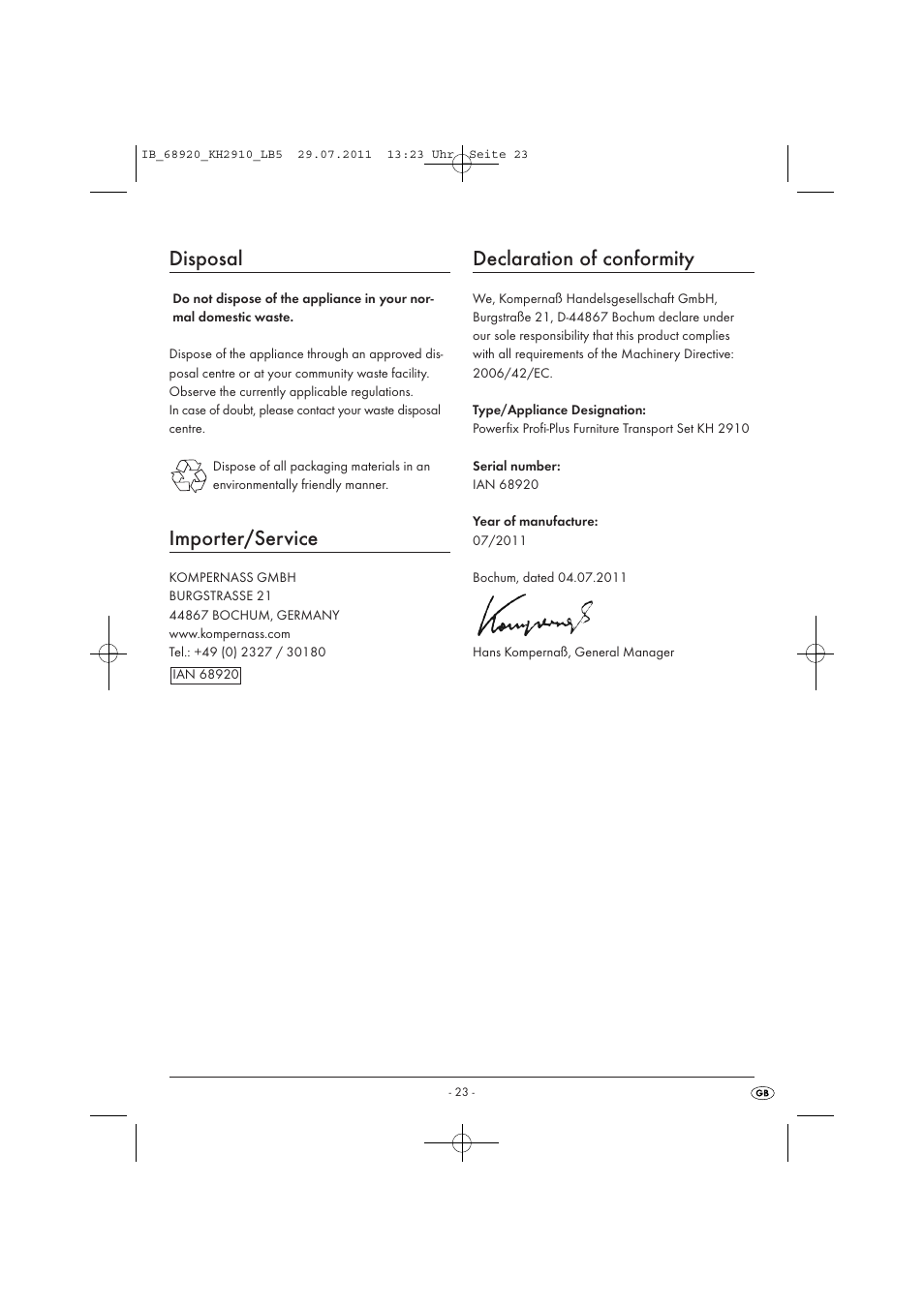 Disposal, Importer/service, Declaration of conformity | Powerfix KH 2910 User Manual | Page 25 / 32