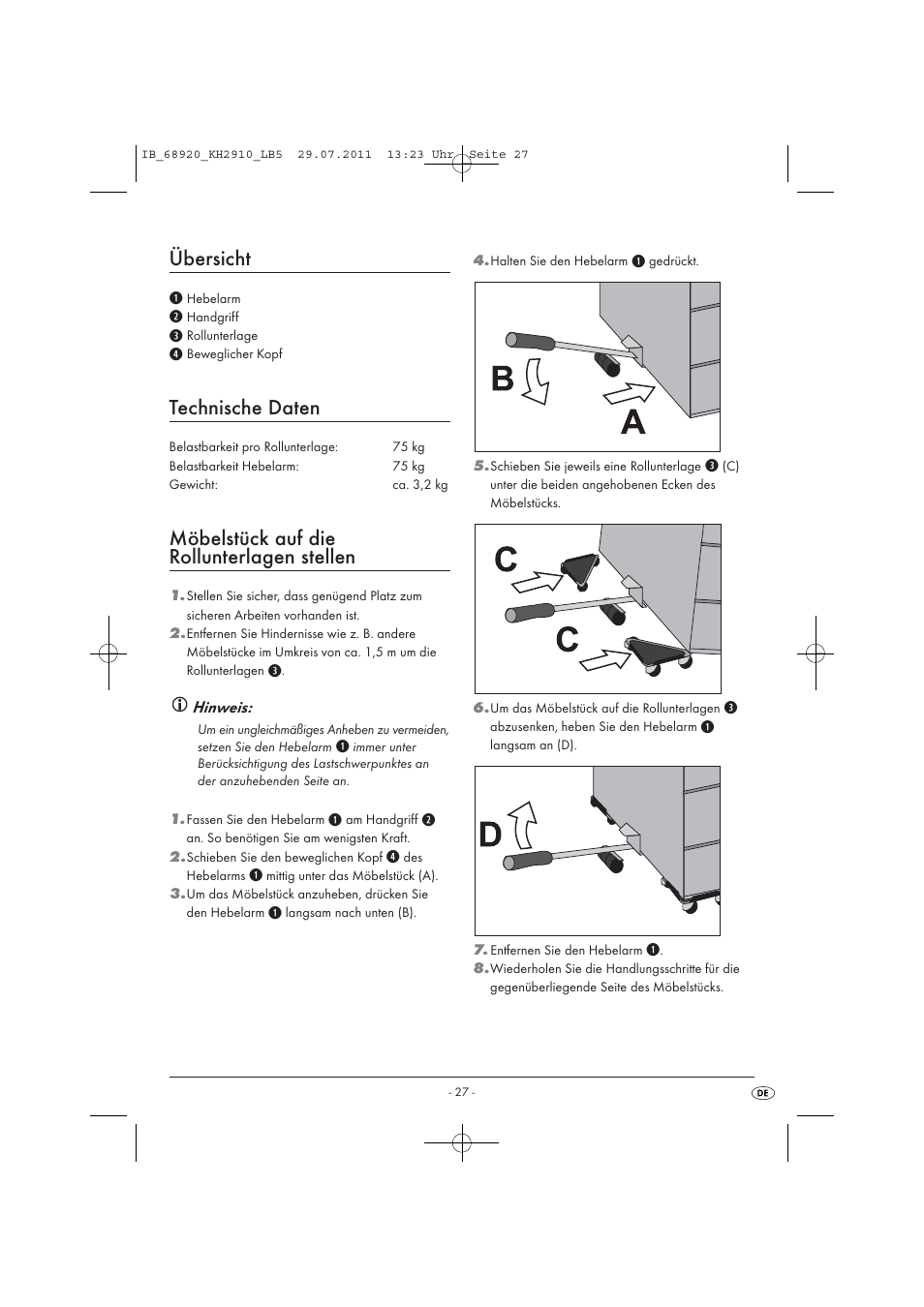 Dc c a b, Übersicht, Technische daten | Möbelstück auf die rollunterlagen stellen | Powerfix KH 2910 User Manual | Page 29 / 32