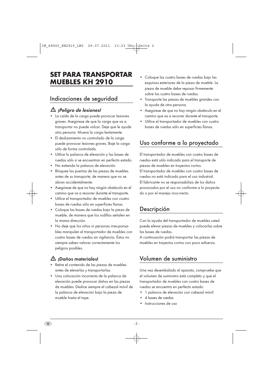 Set para transportar muebles kh 2910, Indicaciones de seguridad, Uso conforme a lo proyectado | Descripción, Volumen de suministro | Powerfix KH 2910 User Manual | Page 4 / 32