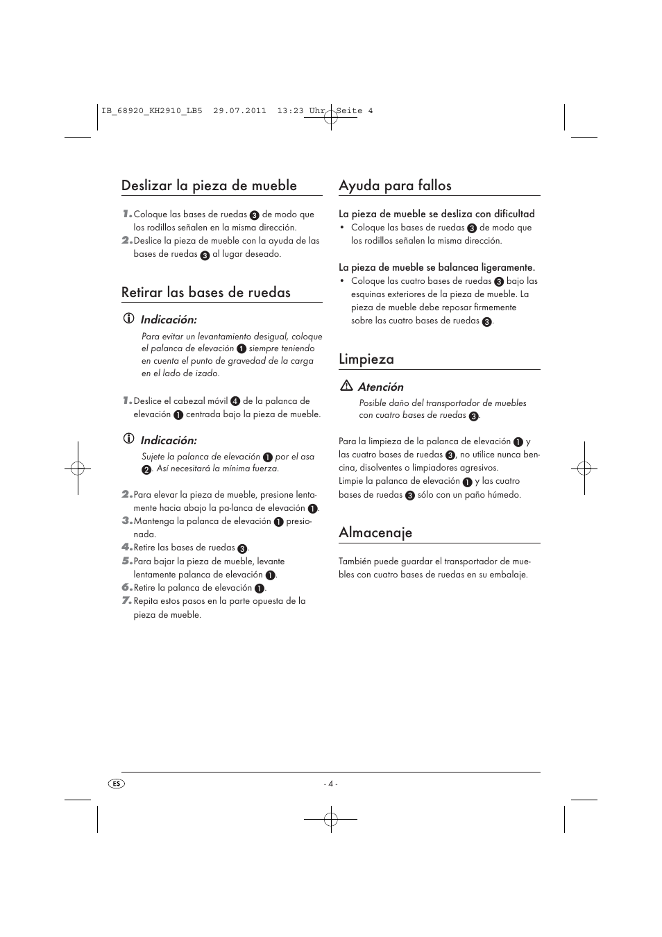 Deslizar la pieza de mueble, Retirar las bases de ruedas, Ayuda para fallos | Limpieza, Almacenaje, Indicación, Atención | Powerfix KH 2910 User Manual | Page 6 / 32