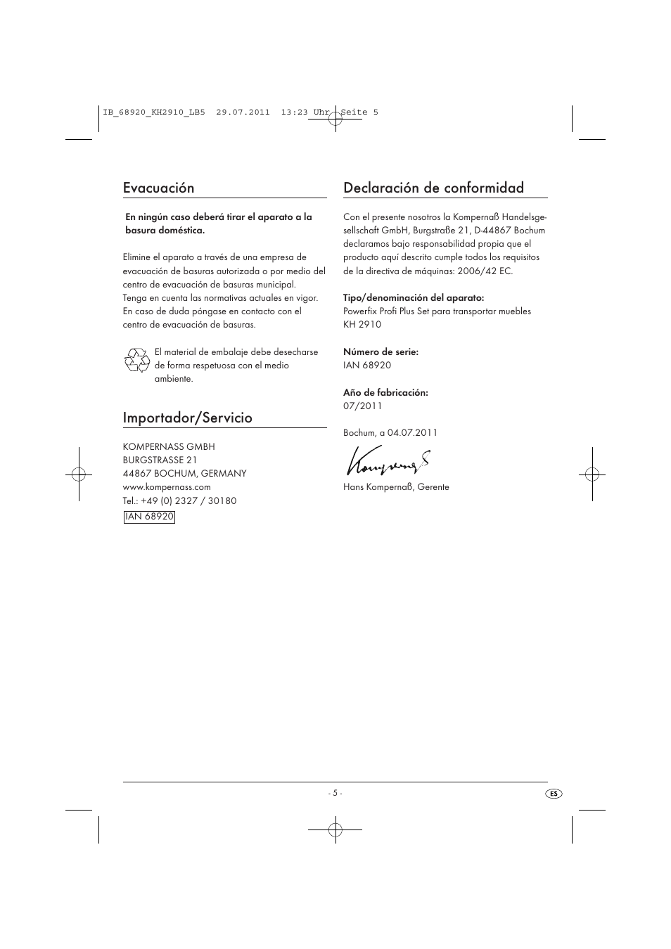 Evacuación, Importador/servicio, Declaración de conformidad | Powerfix KH 2910 User Manual | Page 7 / 32