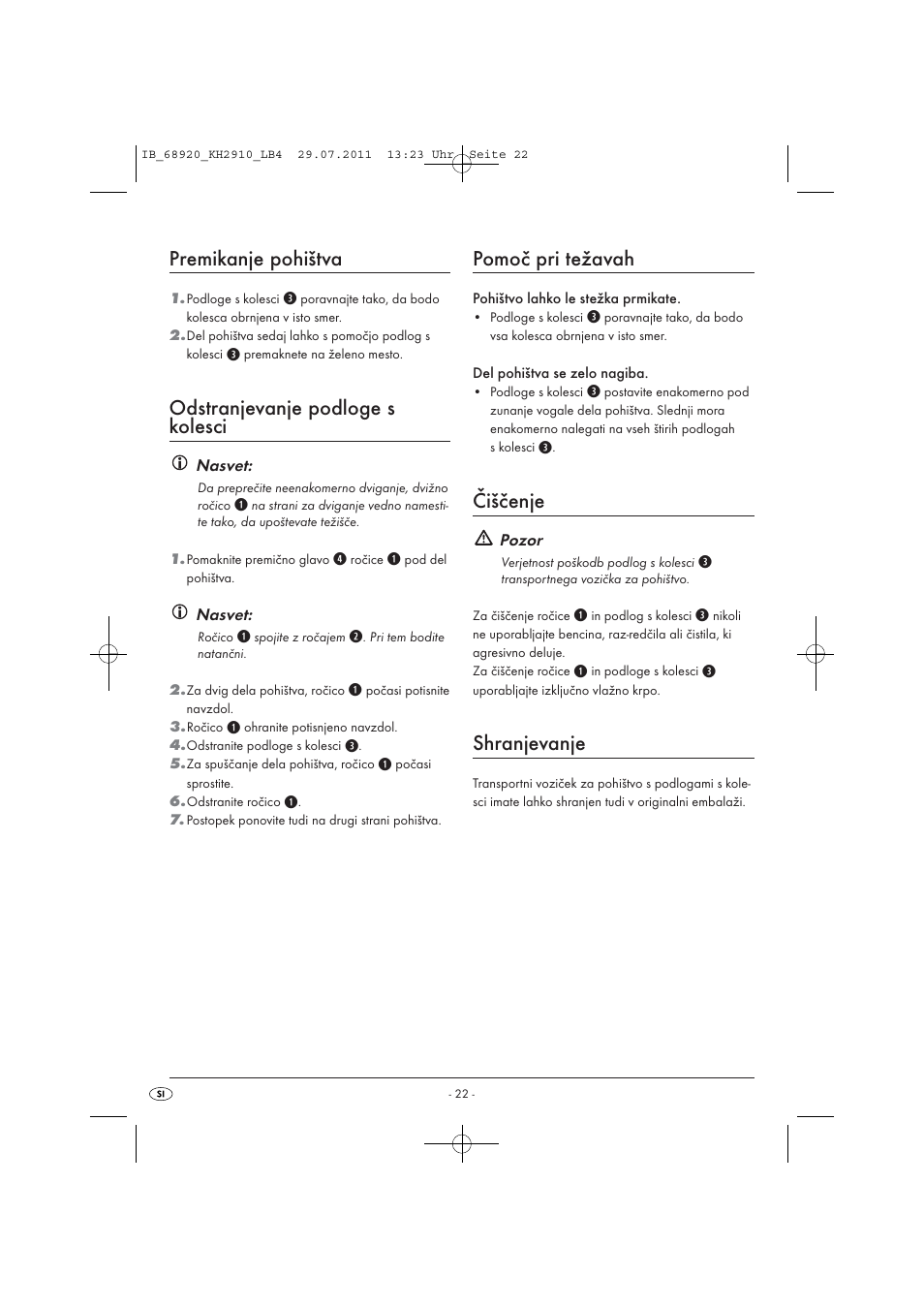 Premikanje pohištva, Odstranjevanje podloge s kolesci, Pomoč pri težavah | Čiščenje, Shranjevanje | Powerfix KH 2910 User Manual | Page 24 / 44