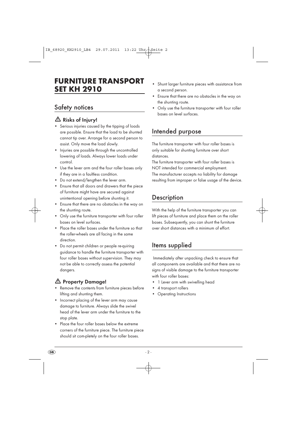 Furniture transport set kh 2910, Safety notices, Intended purpose | Description, Items supplied | Powerfix KH 2910 User Manual | Page 4 / 44