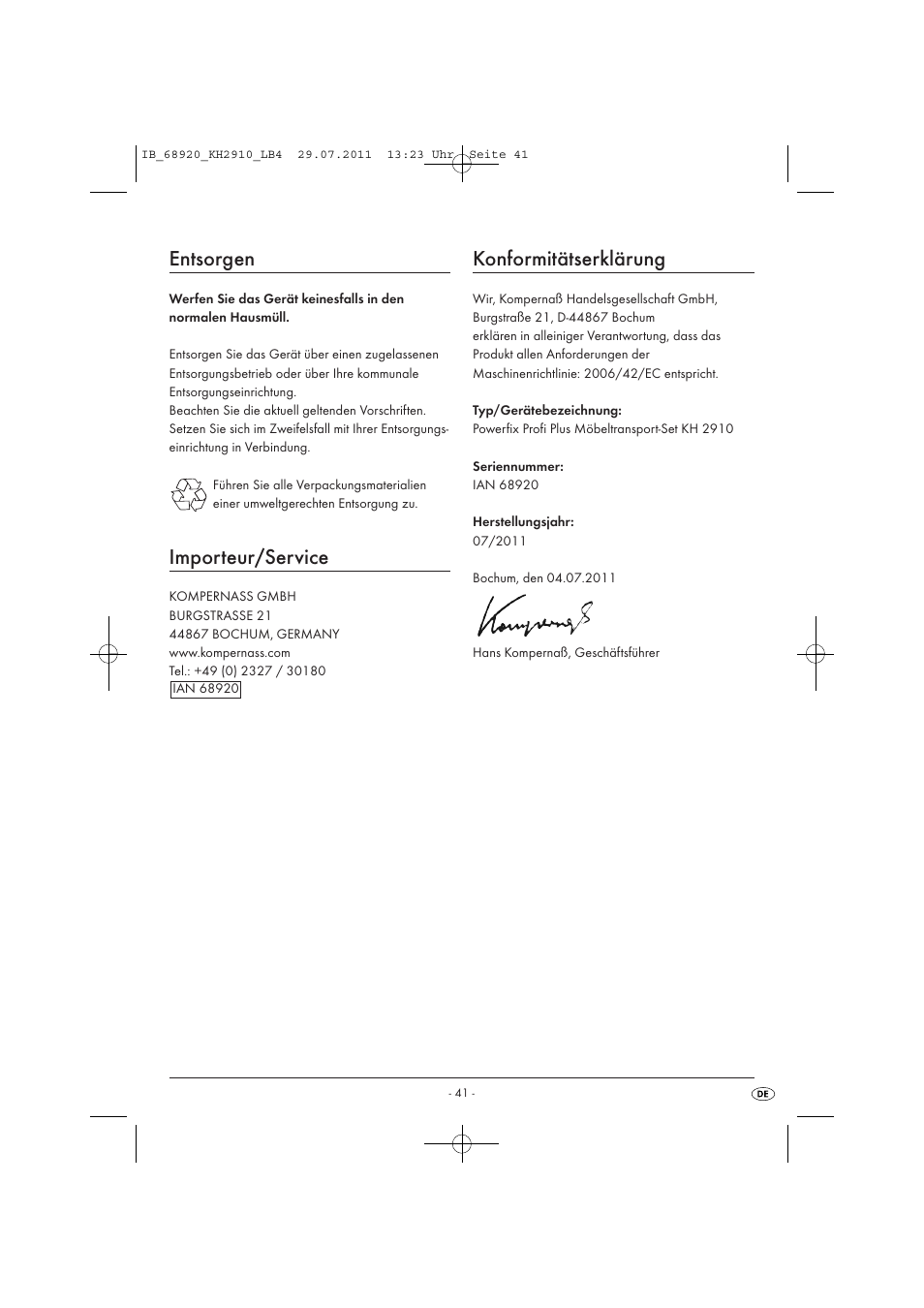 Entsorgen, Importeur/service, Konformitätserklärung | Powerfix KH 2910 User Manual | Page 43 / 44