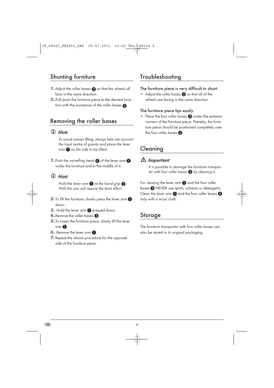 Shunting furniture, Removing the roller bases, Troubleshooting | Cleaning, Storage, Hint, Important | Powerfix KH 2910 User Manual | Page 6 / 44