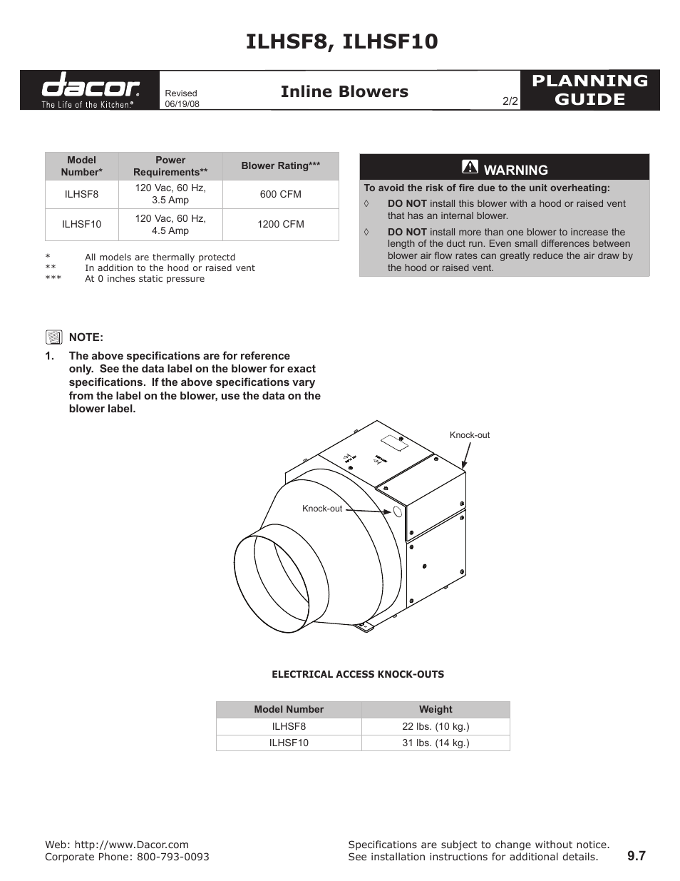 Ilhsf8, ilhsf10, Planning guide, Inline blowers | Warning | Dacor ILHSF8 User Manual | Page 2 / 2