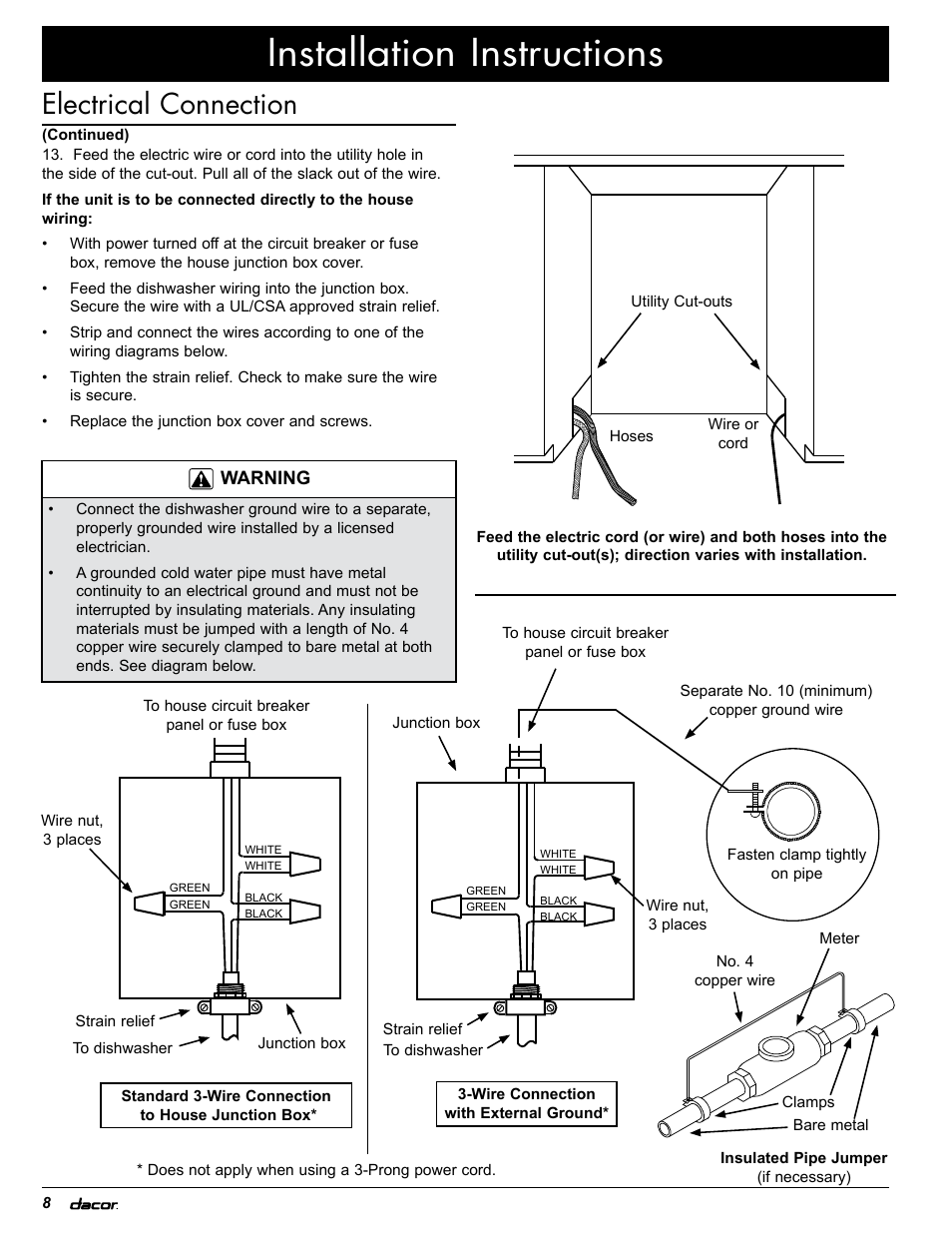 Installation instructions, Electrical connection | Dacor PD User Manual | Page 10 / 16