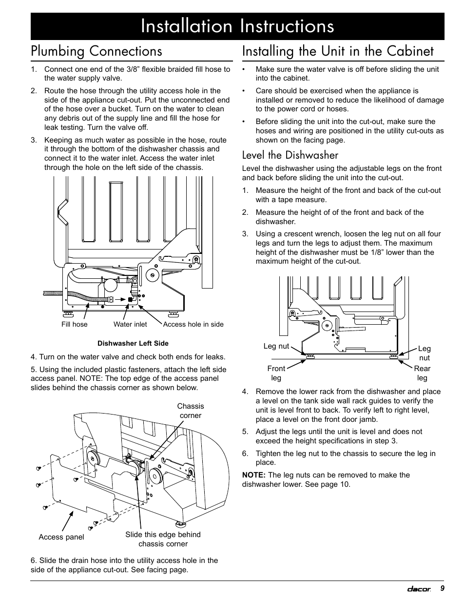 Installation instructions, Plumbing connections, Installing the unit in the cabinet | Level the dishwasher | Dacor PD User Manual | Page 11 / 16