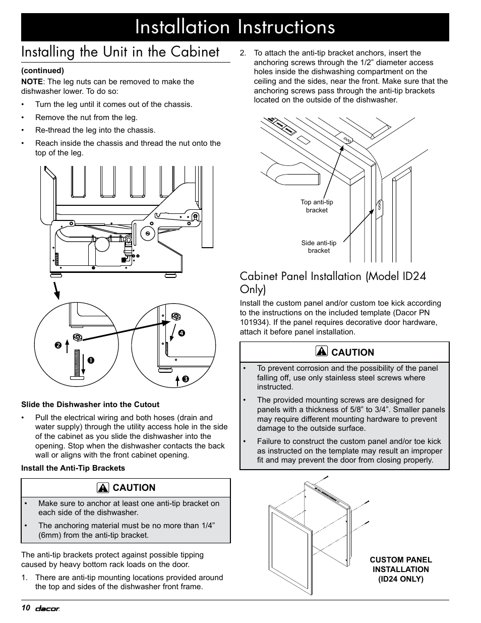 Installation instructions, Installing the unit in the cabinet, Cabinet panel installation (model id24 only) | Dacor PD User Manual | Page 12 / 16