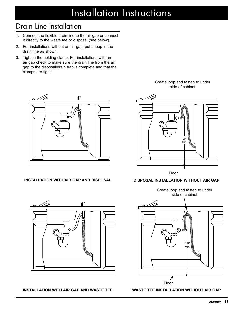 Installation instructions, Drain line installation | Dacor PD User Manual | Page 13 / 16
