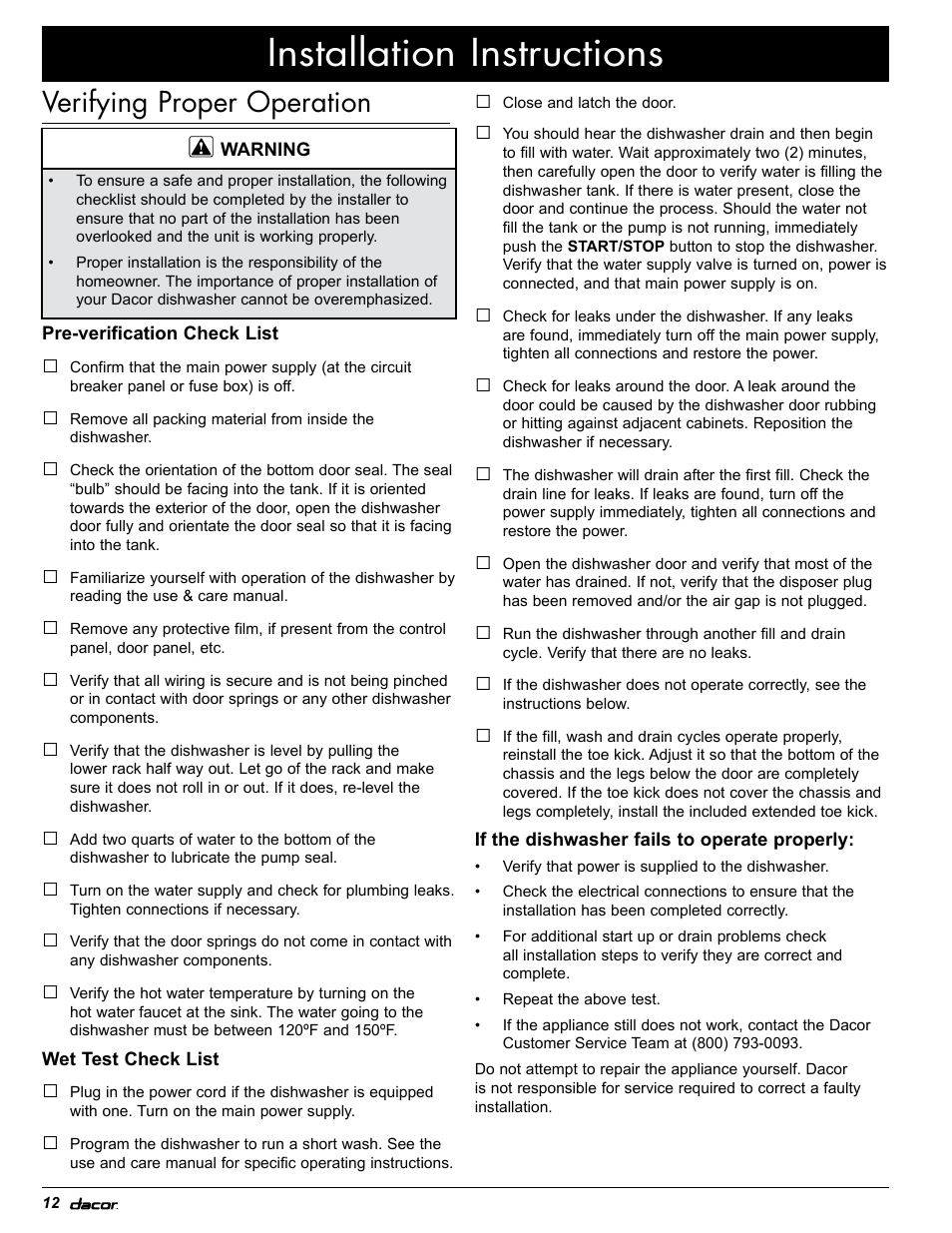 Installation instructions, Verifying proper operation | Dacor PD User Manual | Page 14 / 16