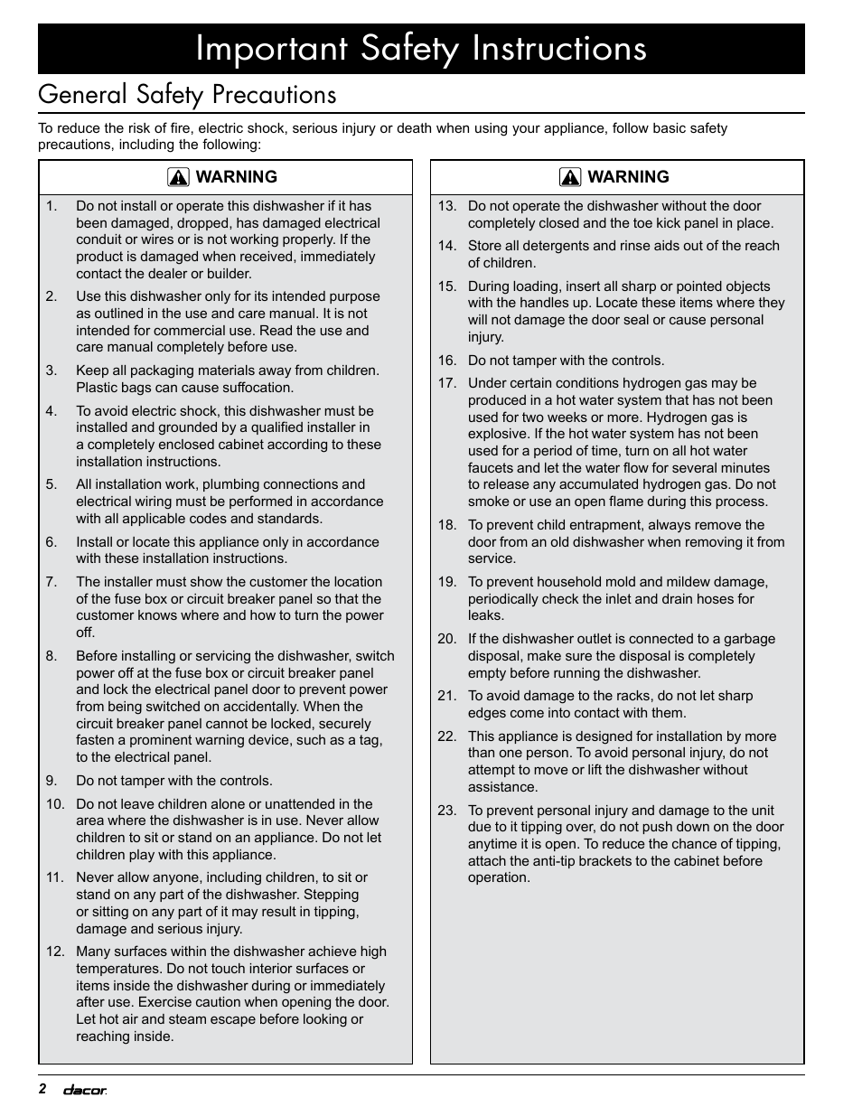 Important safety instructions, General safety precautions | Dacor PD User Manual | Page 4 / 16