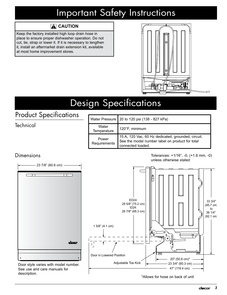 Important safety instructions, Design specifications, Product specifications | Technical dimensions | Dacor PD User Manual | Page 5 / 16