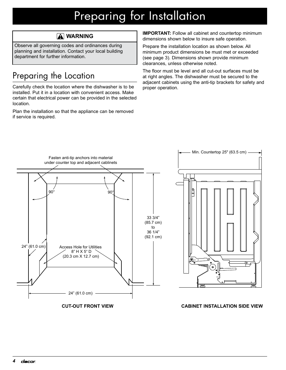 Preparing for installation, Preparing the location | Dacor PD User Manual | Page 6 / 16