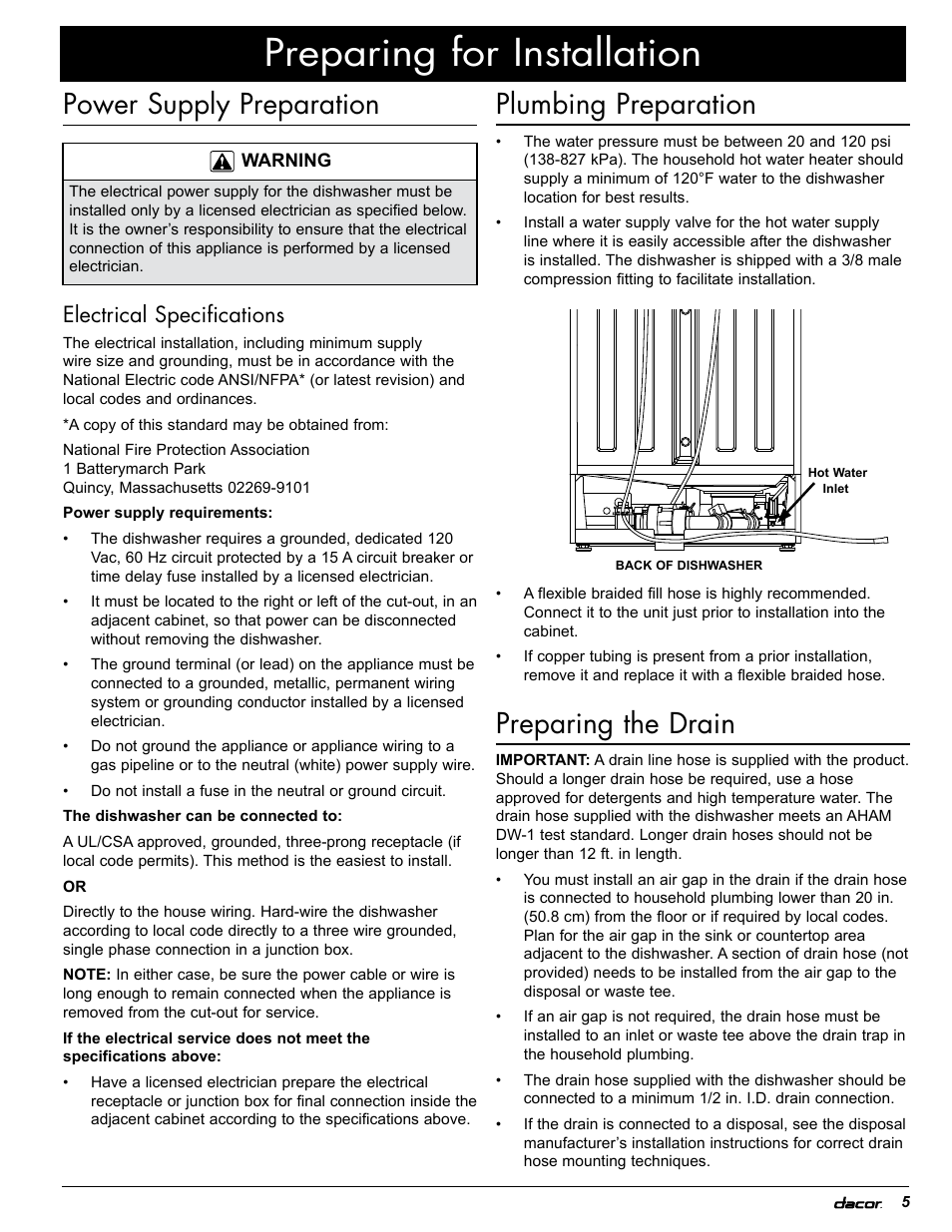 Preparing for installation, Plumbing preparation, Power supply preparation | Preparing the drain, Electrical specifications | Dacor PD User Manual | Page 7 / 16