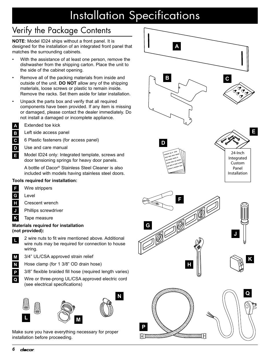 Installation specifications, Verify the package contents | Dacor PD User Manual | Page 8 / 16