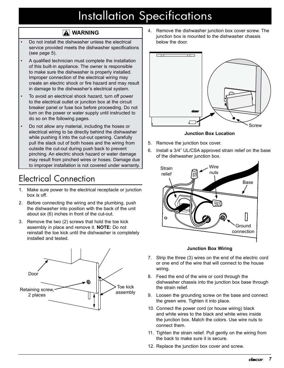 Installation specifications, Electrical connection | Dacor PD User Manual | Page 9 / 16