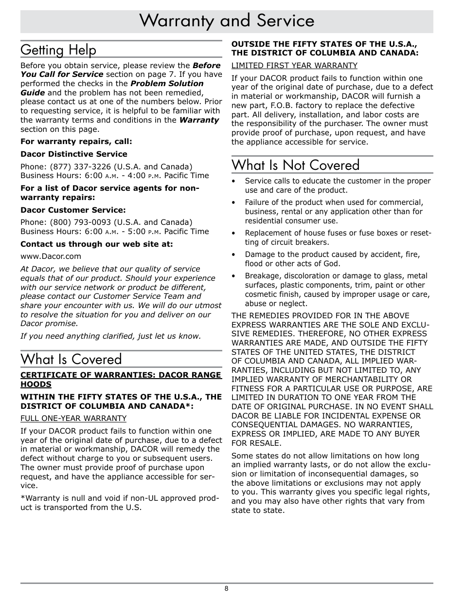 Warranty and service, Getting help, What is covered | What is not covered | Dacor EPICURE EHR42 User Manual | Page 10 / 12