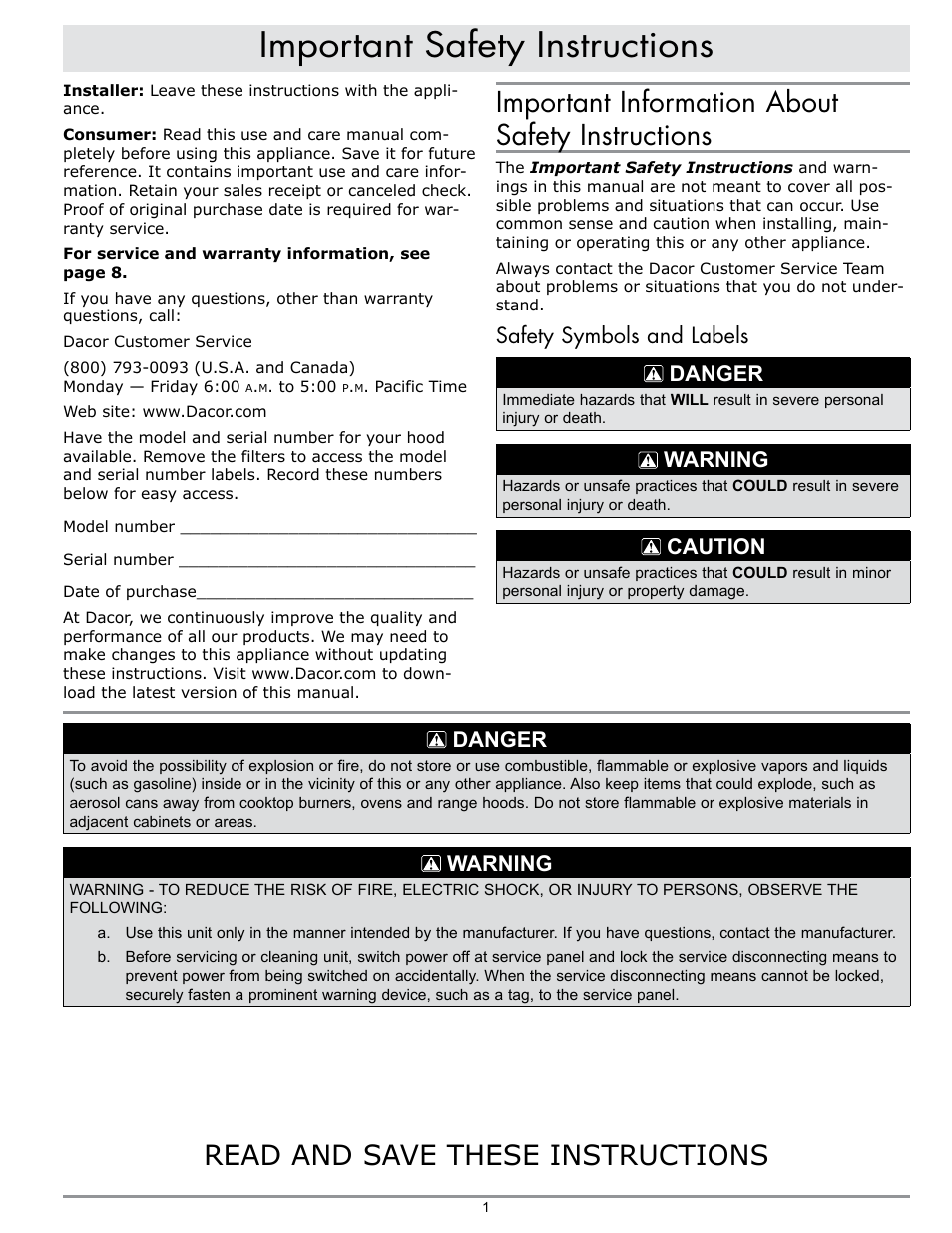 Important safety instructions, Important information about safety instructions, Read and save these instructions | Safety symbols and labels danger, Warning, Caution, Danger | Dacor EPICURE EHR42 User Manual | Page 3 / 12