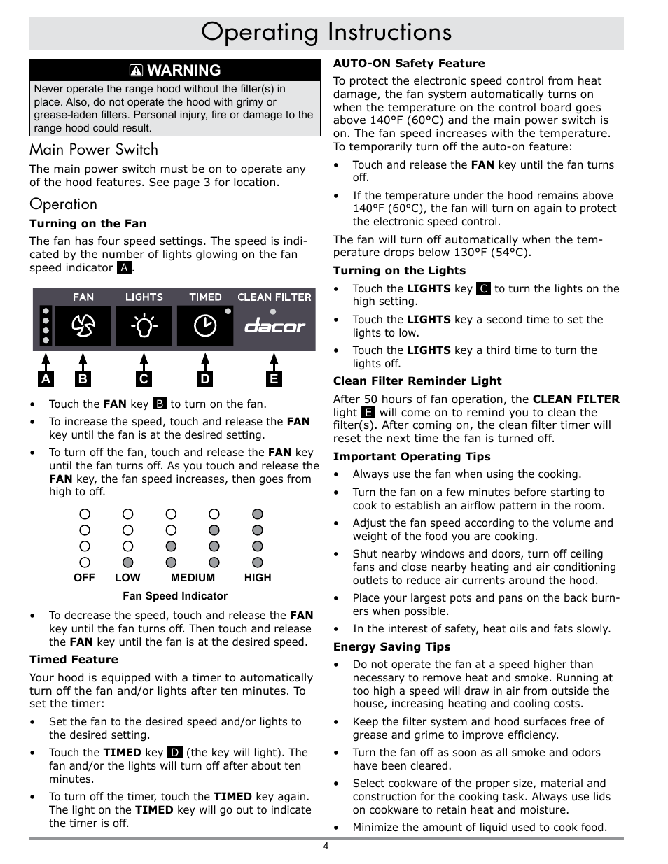 Operating instructions, Warning, Main power switch | Operation | Dacor EPICURE EHR42 User Manual | Page 6 / 12