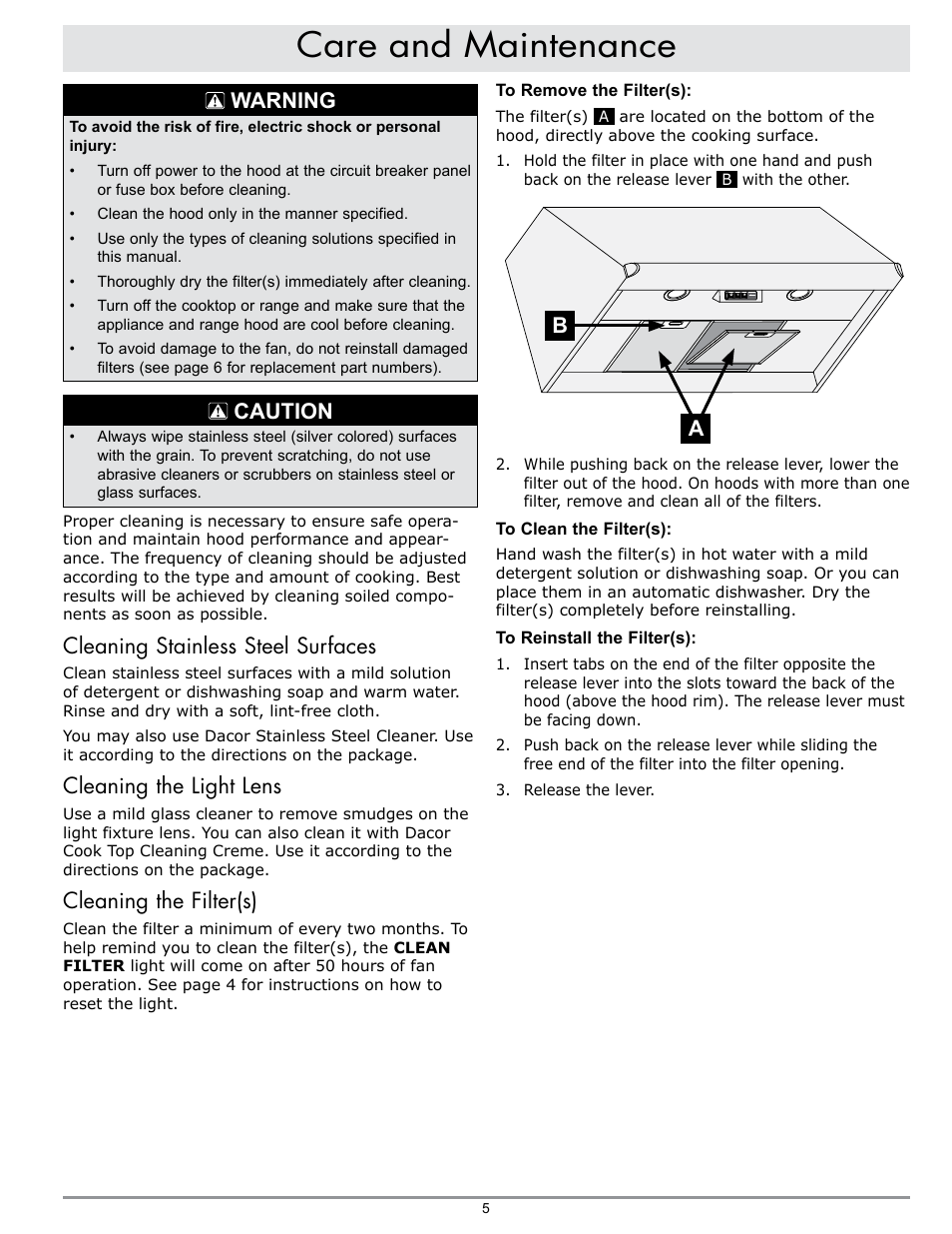 Care and maintenance, Warning, Caution | Cleaning stainless steel surfaces, Cleaning the light lens, Cleaning the filter(s) | Dacor EPICURE EHR42 User Manual | Page 7 / 12