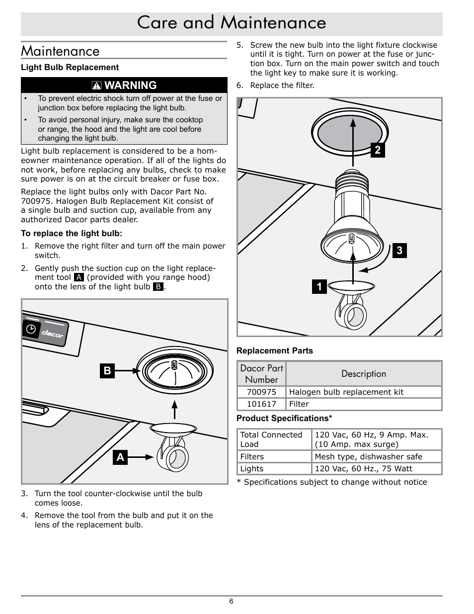 Care and maintenance, Maintenance, Warning | 23 1 b a | Dacor EPICURE EHR42 User Manual | Page 8 / 12